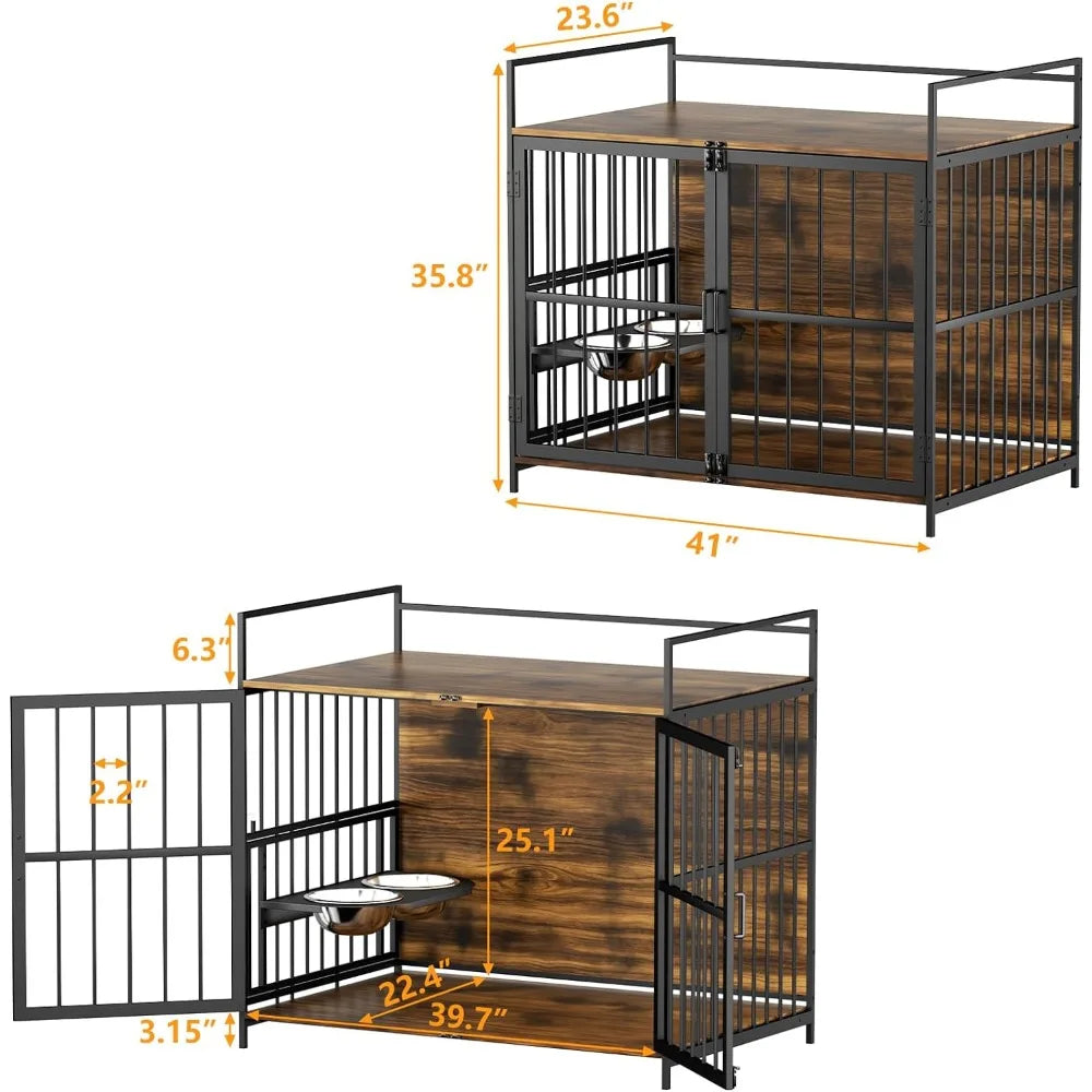 Furniture Style Large Dog Crate with 360° & Adjustable Raised Feeder for Dogs 2 Stainless Steel Bowls