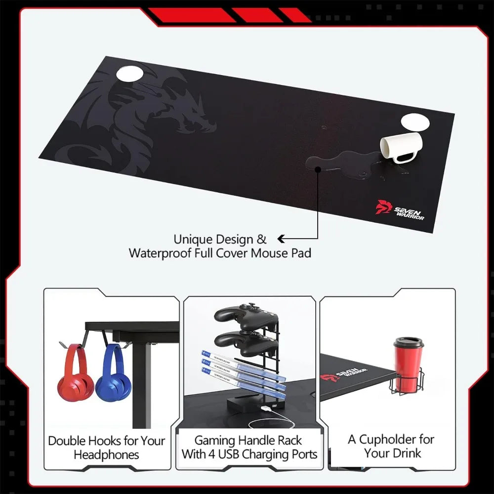 SEVEN WARRIOR Gaming Desk 60 INCH, T- Shaped Carbon Fiber Surface Computer Desk