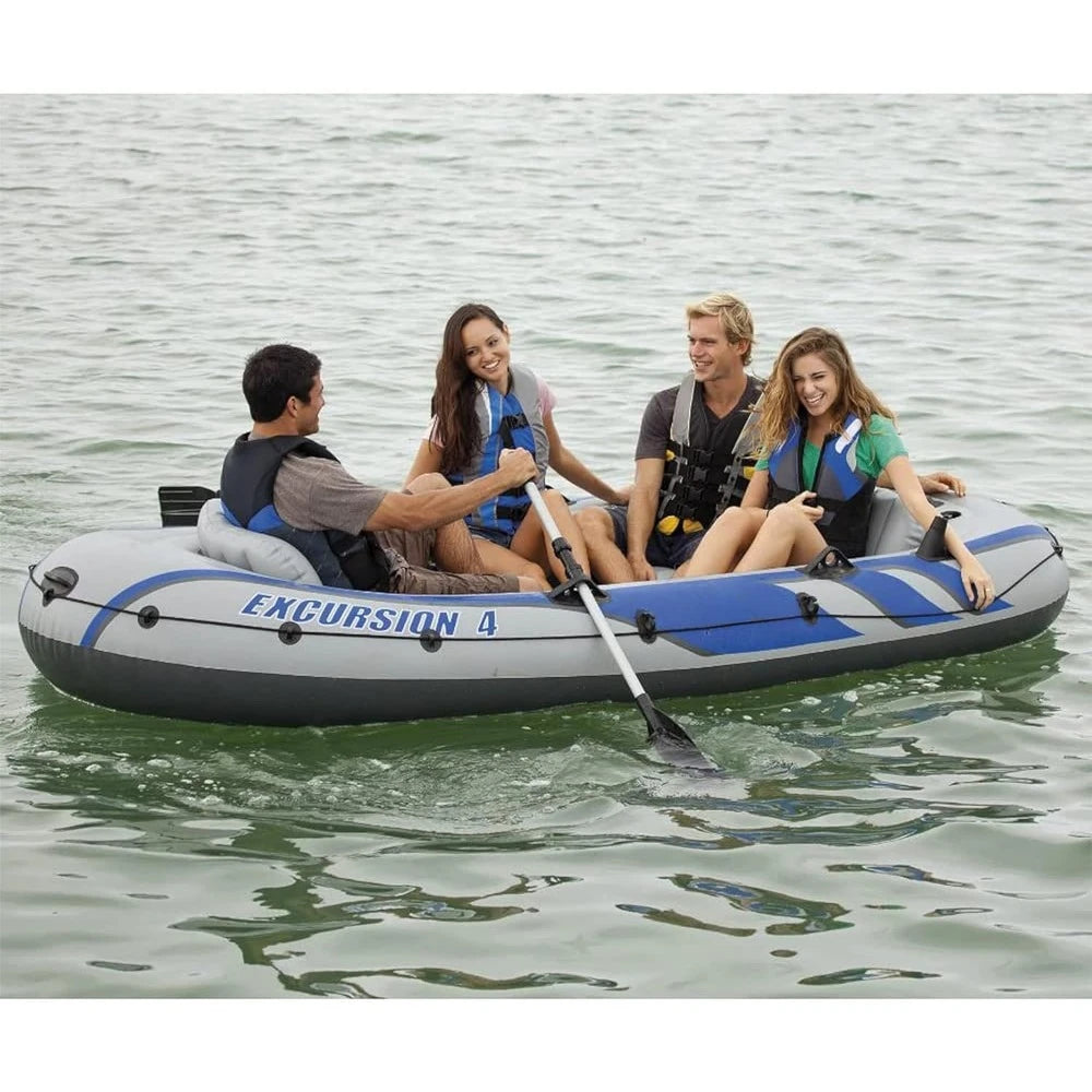 Excursion Inflatable Boat Includes Deluxe 54in Boat Oars and High-Output Pump Adjustable Seats with Backrest Fishing Rod Holders