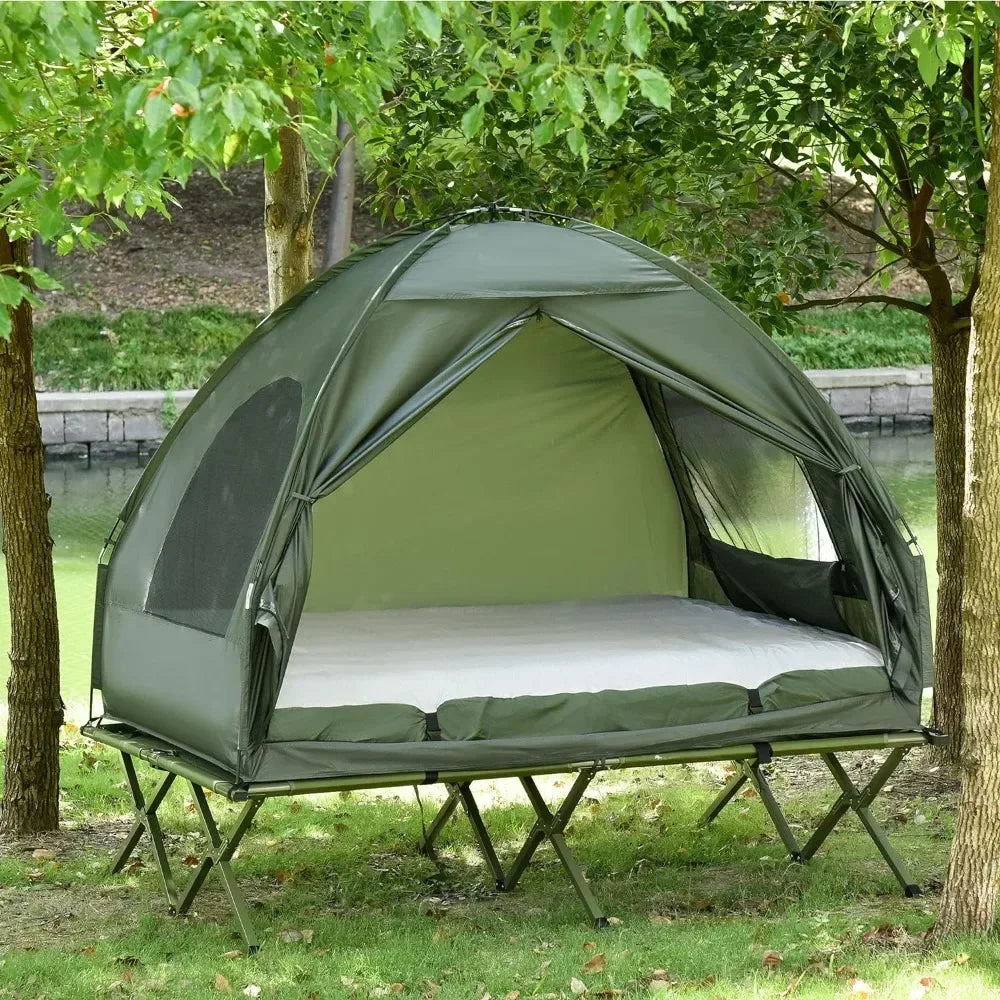 Foldable Camping Cot with Tent, Bedspread and Thick Air Mattress