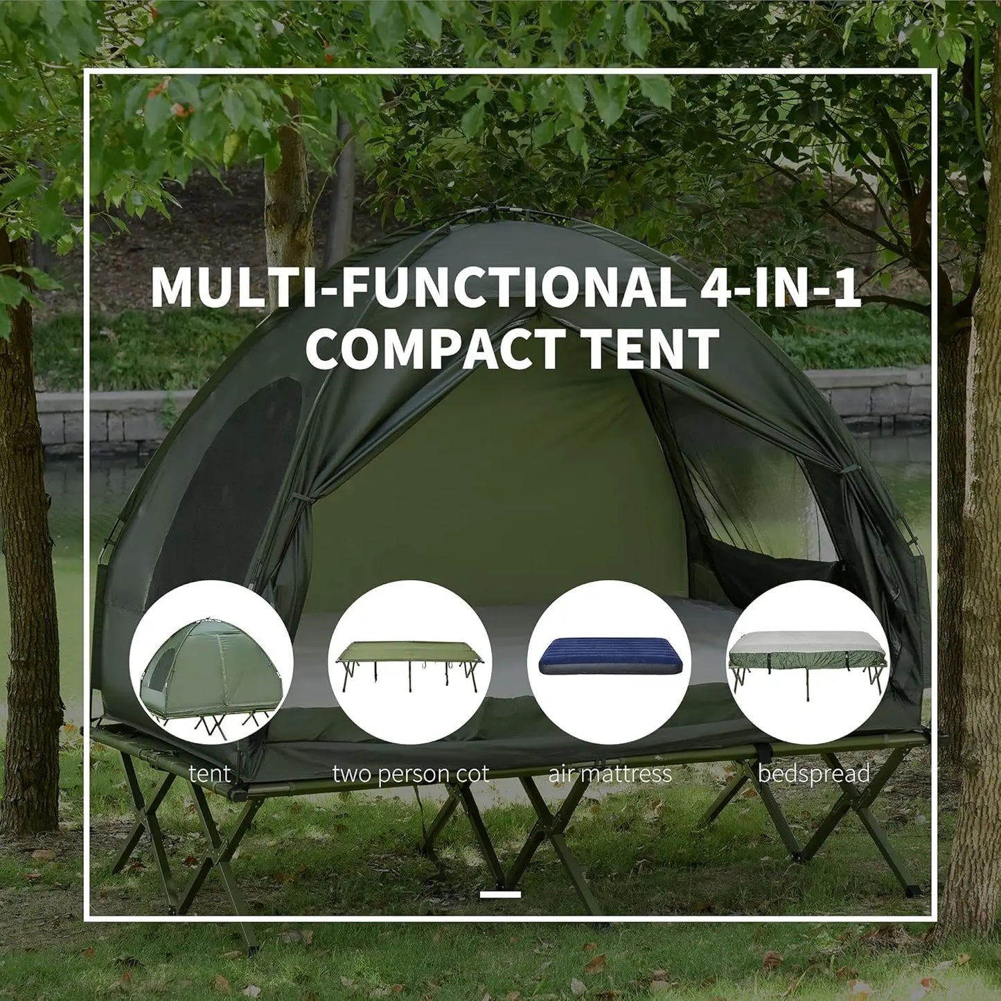 Outsunny 2 Person Foldable Camping Cot with Tent, Bedspread and Thick Air Mattress, 4-in-1 Elevated Camping Bed Tent