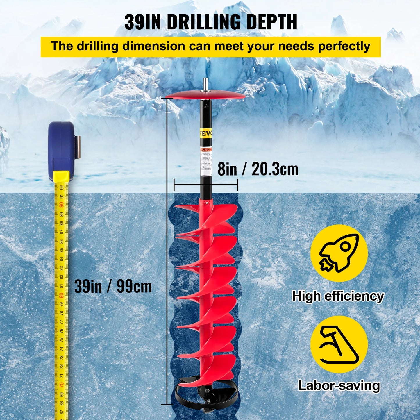 VEVOR Ice Drill Auger, 8" Diameter Nylon Ice Auger, 39" Length Ice Auger Bit,Auger Drill w/11.8" Extension Rod, for Ice Fishing