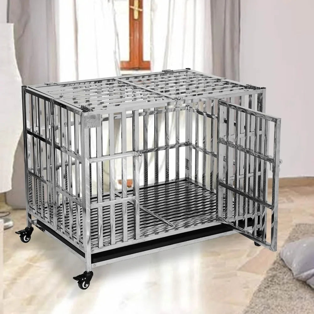 37" Stackable Heavy Duty Dog Crate Pet Stainless Steel Kennel Cage for Small Dogs  Foldable & Portable Freight Free