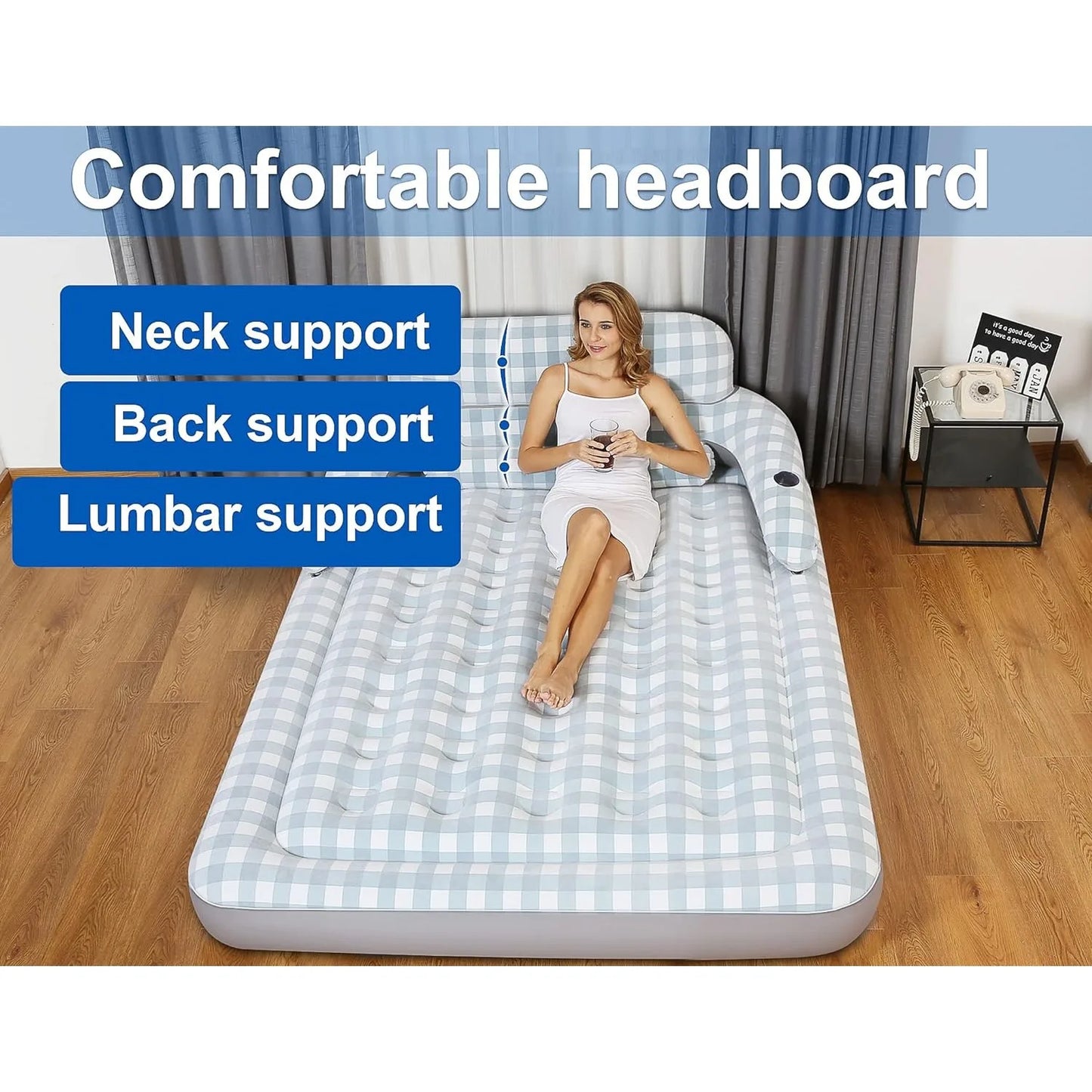 Air Mattress with Headboard, Fast Inflation/Deflation Inflatable Airbed, 9 Inches High