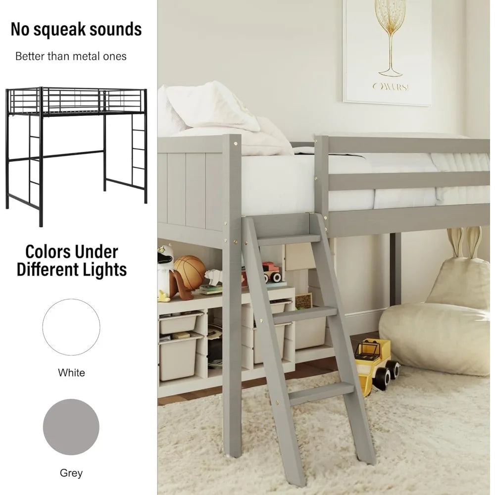 Wood Low Loft Bed with Ladder,Wooden Low Loft Bed with Guardrail for Kids or Teens,Space Saving,No Box Spring Needed