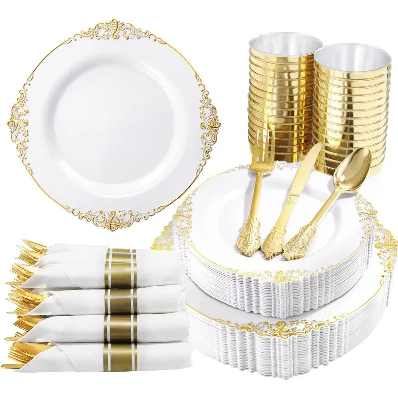 350PCS White and Gold Plastic Plates - Gold Plastic Dinnerware Set