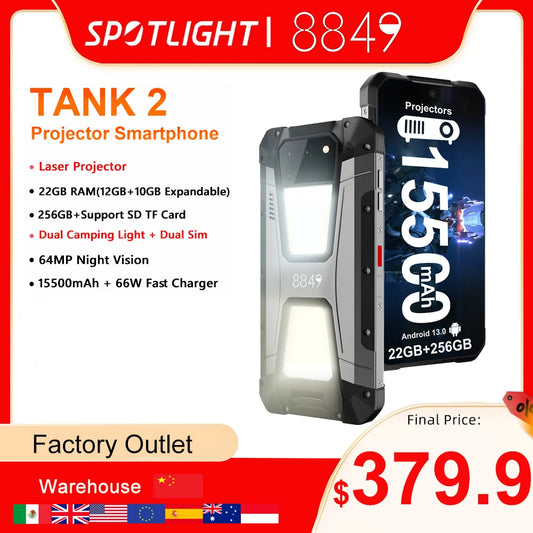 In Stock 8849 Tank 2 by Unihertz Projector Rugged Smartphone 22GB 256GB Cellphone 108MP G99 Night Vision IP68 Mobile Phone