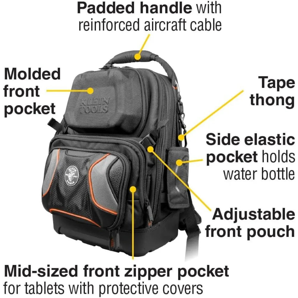 55485 Tool Bag Backpack, Durable Electrician Backpack with 48 Pockets for Hand Tools, Waterproof Bottom, Removable Tool Carrier