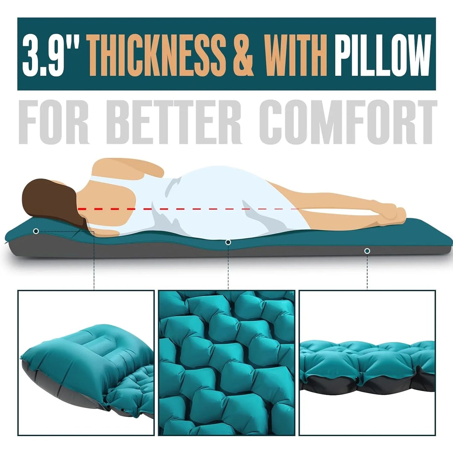 Camping Sleeping Pad with Pillow Extra Thick 3.9 inch Ultralight Self Inflating Air Mat Compact Lightweight Sleep Mattress