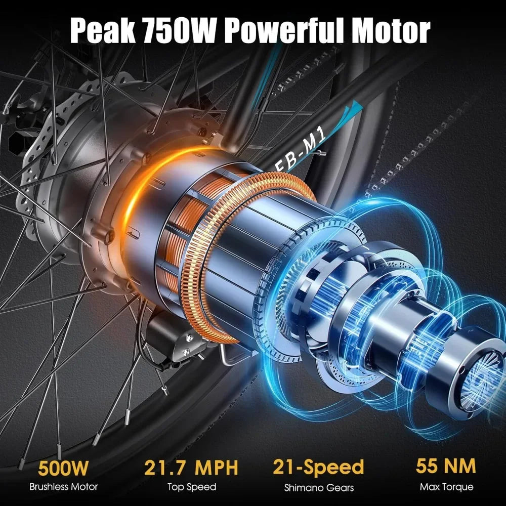 Adult Electric Bike, 750W Peak, 50MPH at 21.7Mph, 26"