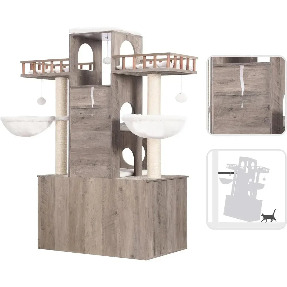 Cat Tree With Litter Box Enclosure for Indoor Big Cat Tower for Large S 20 Lbs Heavy Duty