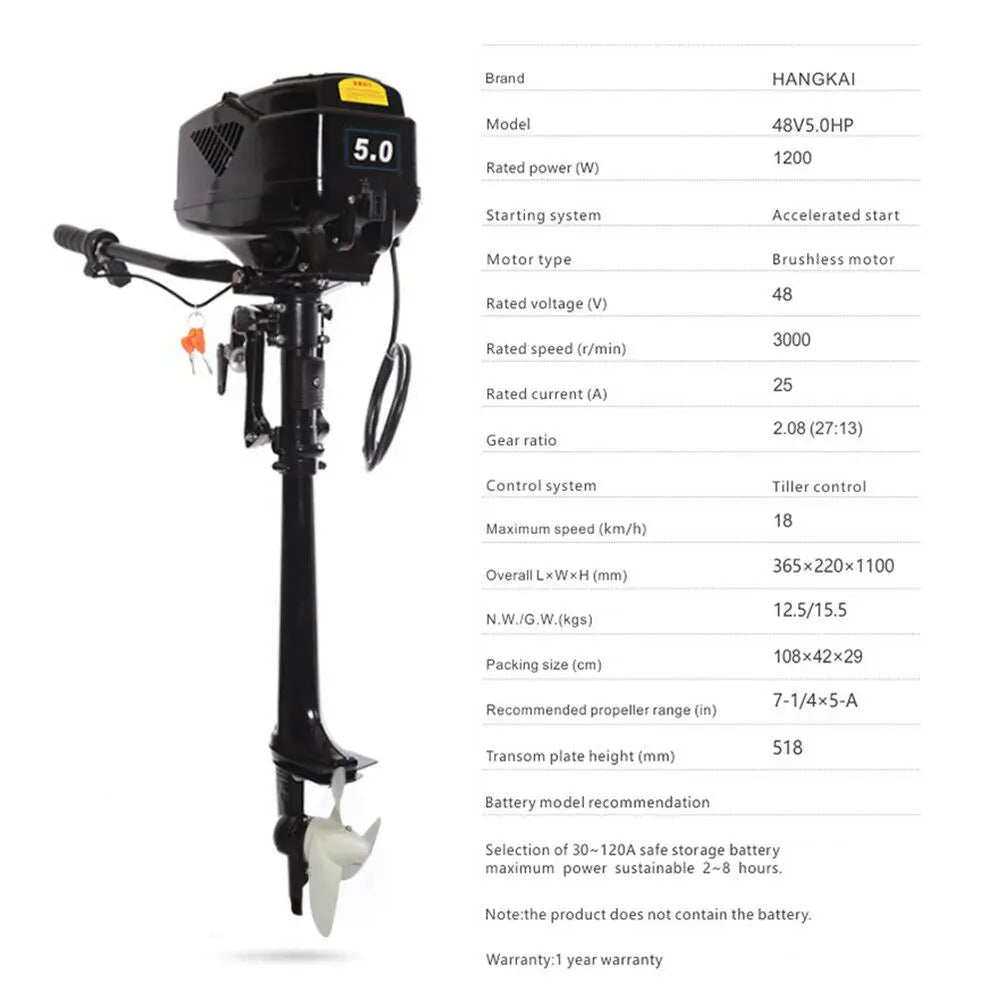 48V 1.2KW  5.0HP Heavy Duty Electric Outboard Motor Long Shaft Fishing Boat Engine