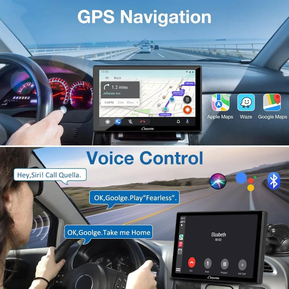 Portable Carplay & Android Auto with Dula Bluetooth, 9 inch 1080P Touch Screen, Mirror Link/GPS/Siri/FM