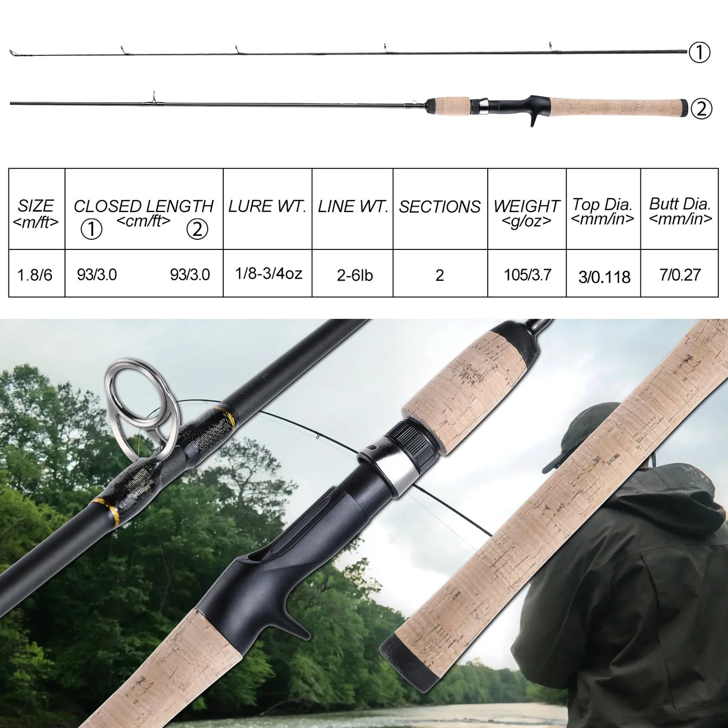 Sougayilang Ultralight Spinning/Casting UL Fishing Rod 24 Ton Carbon Fiber 1.8m 2 Sections