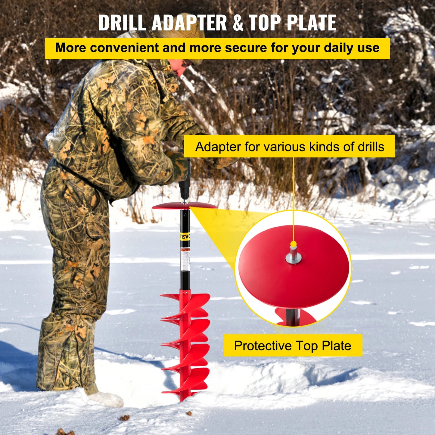 VEVOR Ice Drill Auger, 8'' Diameter Nylon Ice Auger, 41'' Length Ice Auger Bit, w/14'' Adjustable Extension Rod, for Ice Fishing