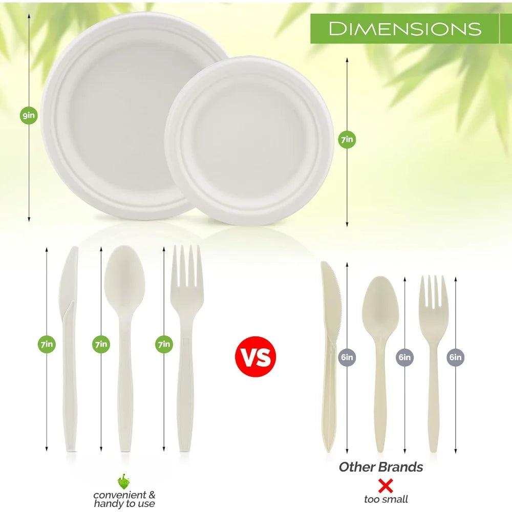 250 Piece (50 Sets) Biodegradable Paper Plates Set (EXTRA LONG UTENSILS)