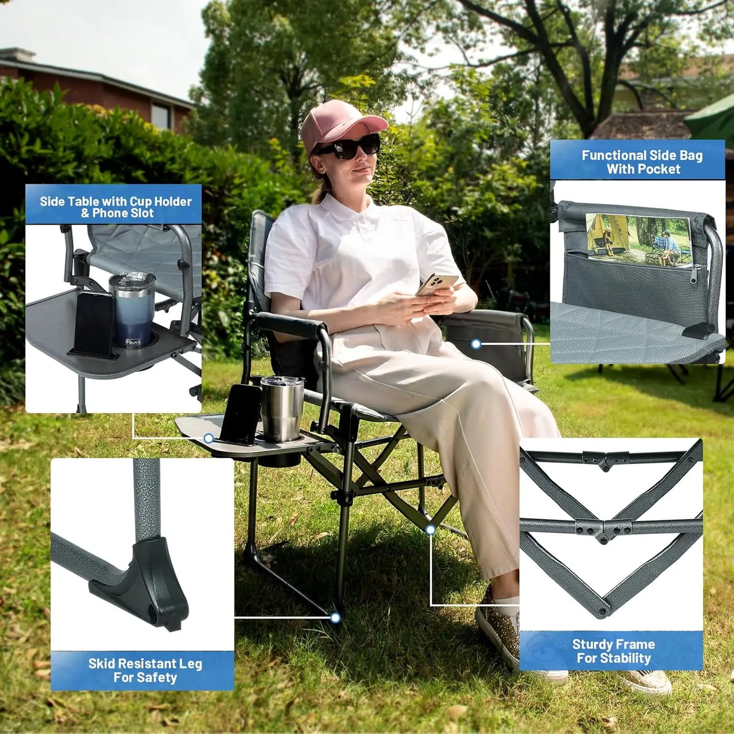 Heavy Duty Camping Chair with Compact Size, Portable Directors Chair with Side Table and Pocket