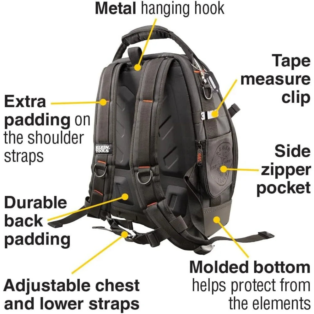 55485 Tool Bag Backpack, Durable Electrician Backpack with 48 Pockets for Hand Tools, Waterproof Bottom, Removable Tool Carrier