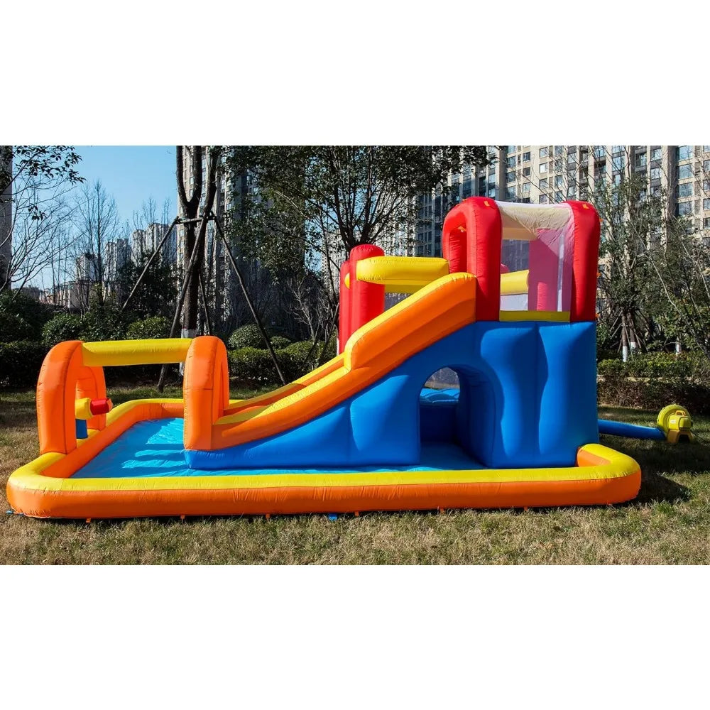 Inflatable Bounce House Water Park with Long Water Slide & Large Splash Pool