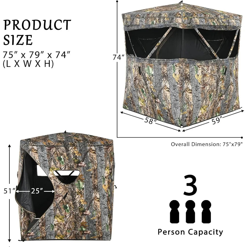 3 Person Pop up Ground Blind, Portable Hunting Blind with Mesh Windows