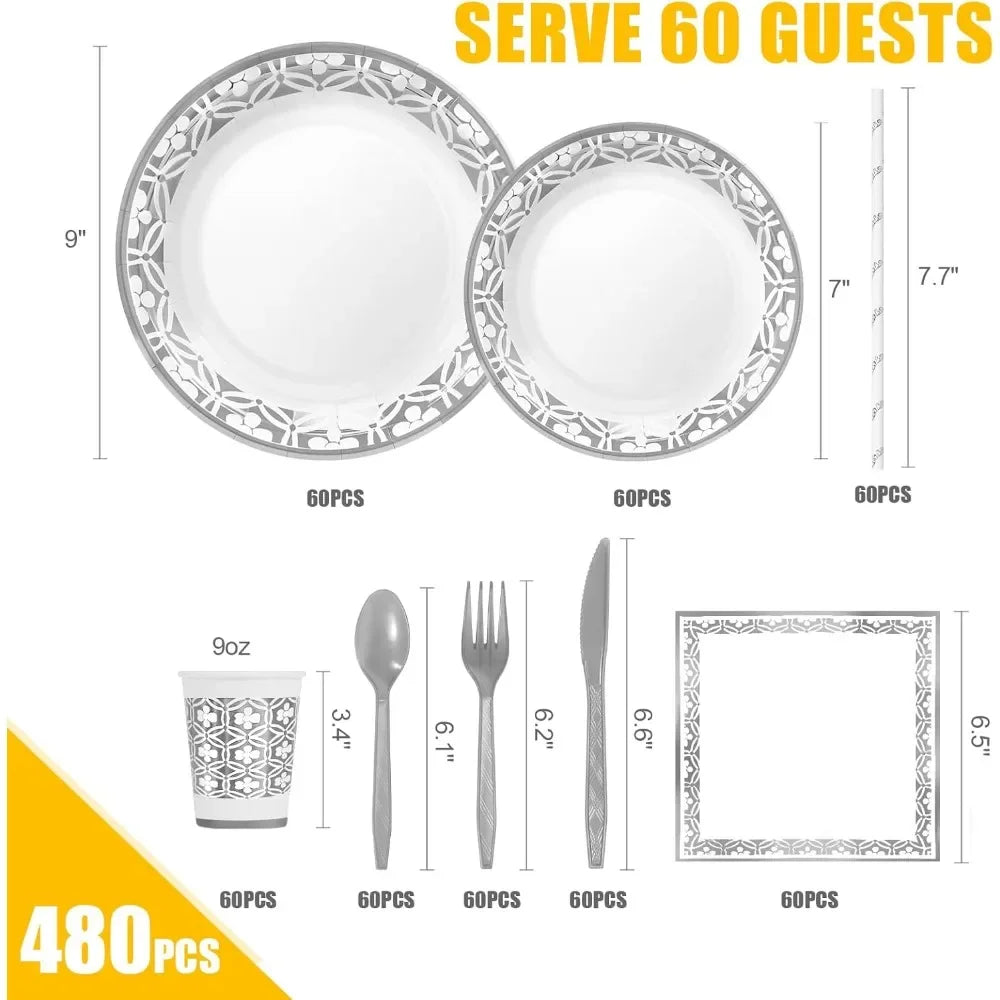 480 PCS Silver Paper Disposable Dinnerware Sets for 60s Guests