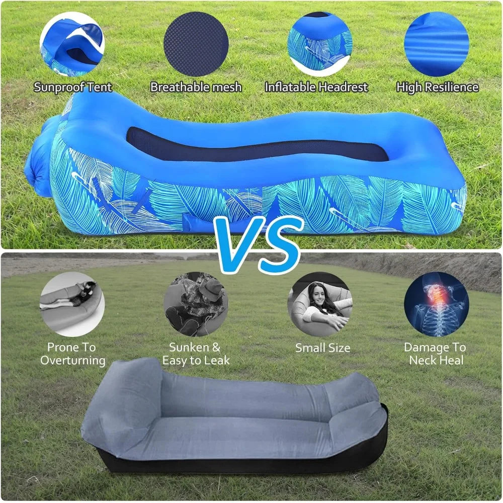 Inflatable Lounger Air Sofa with Unique Sun-shade Design, Inflatable Beach Bed with Pillow