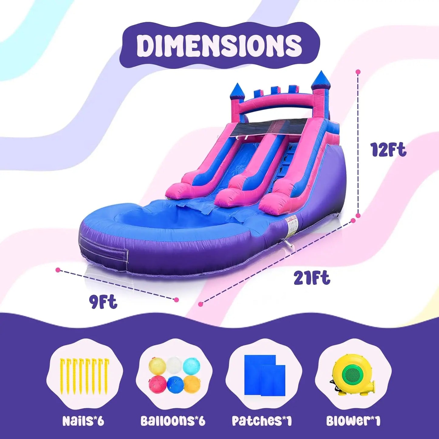 21ft Commercial Grade Navy and Purple Inflatable Water Slide with Splash Pool