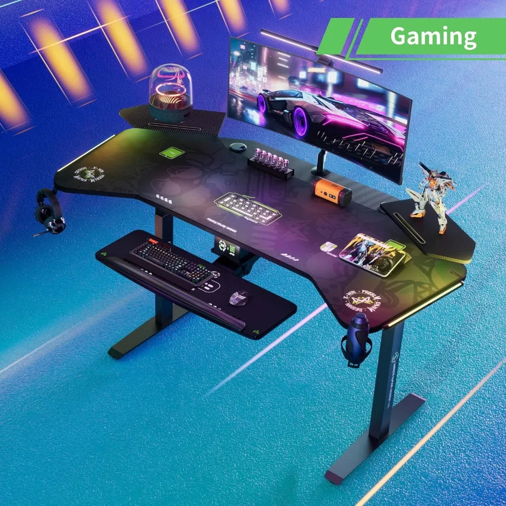 Gaming Desk, Wing-Shaped Computer Desk with Full Coverage Mouse Pad