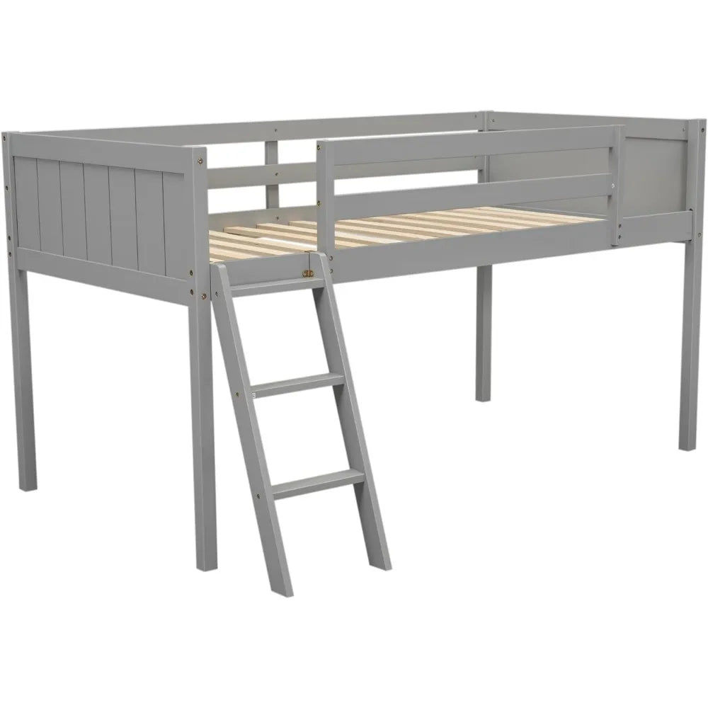 Wood Low Loft Bed with Ladder,Wooden Low Loft Bed with Guardrail for Kids or Teens,Space Saving,No Box Spring Needed