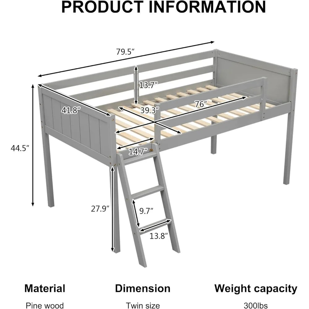 Wood Low Loft Bed with Ladder,Wooden Low Loft Bed with Guardrail for Kids or Teens,Space Saving,No Box Spring Needed