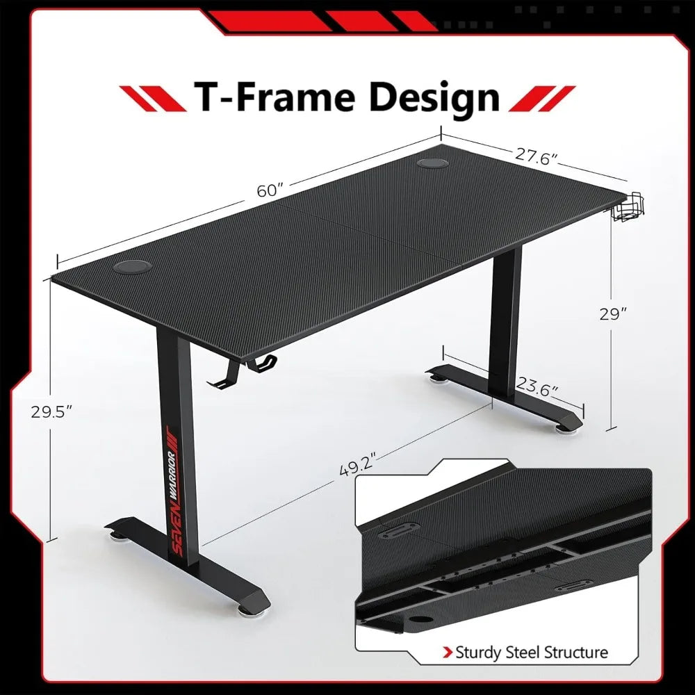 SEVEN WARRIOR Gaming Desk 60 INCH, T- Shaped Carbon Fiber Surface Computer Desk