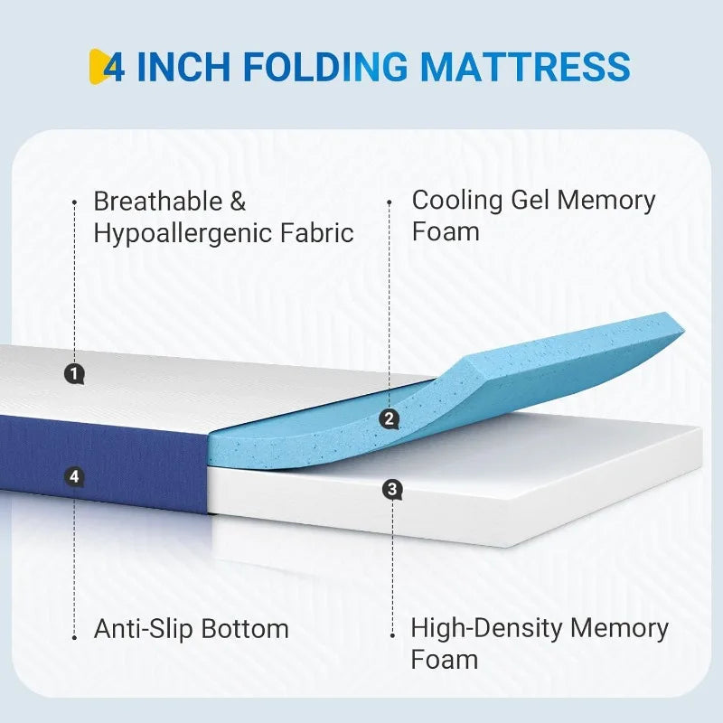 4 Inch Folding Mattress Twin, Tri Fold Memory Foam Mattress with Zipper and Washable Cover