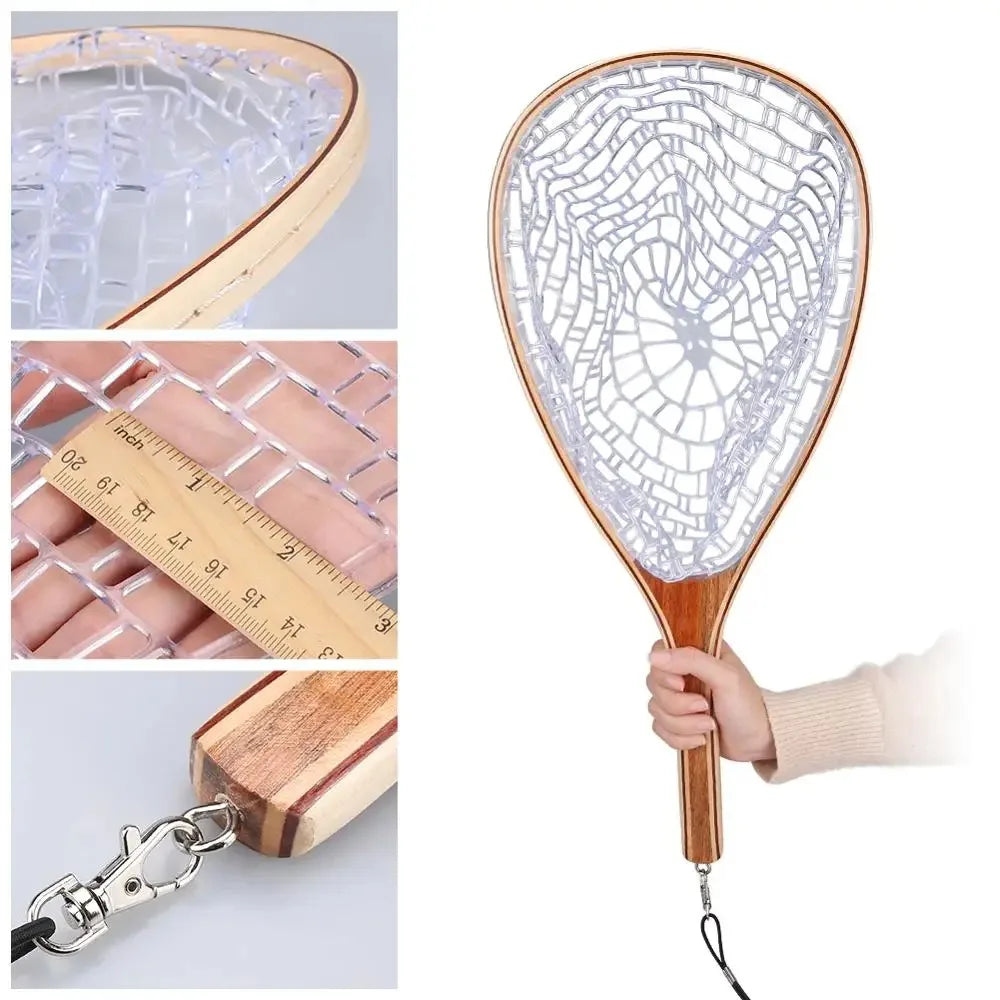 Landing Fish Net Fishing Hand Nets with Clear Rubber Mesh Netting Wooden Handle Fly Fishing Equipment for Catch and Release