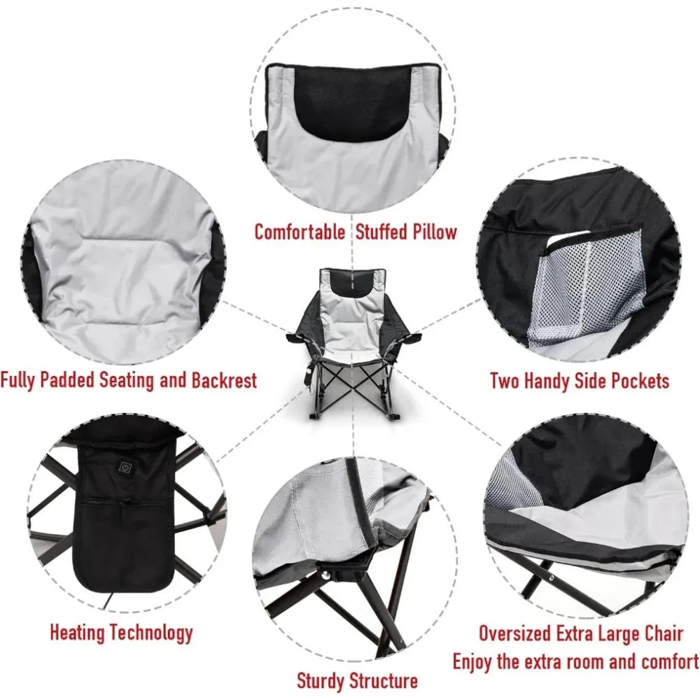 Oversized Heated Camping Chair, Folding Rocking Camping Chairs with Luxury Padded Recliner,Carry Bag