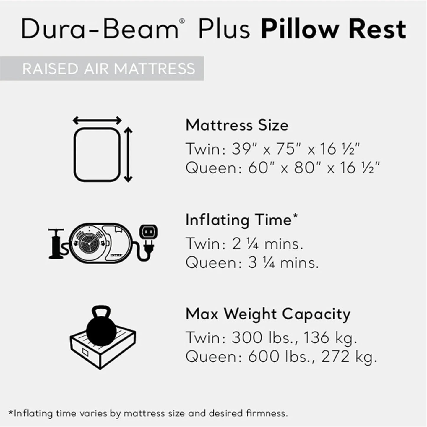 64121ED Dura-Beam Plus Pillow Rest Air Mattress: Fiber-Tech – Twin Size – Built-in Electric Pump – 16.5in Bed Height