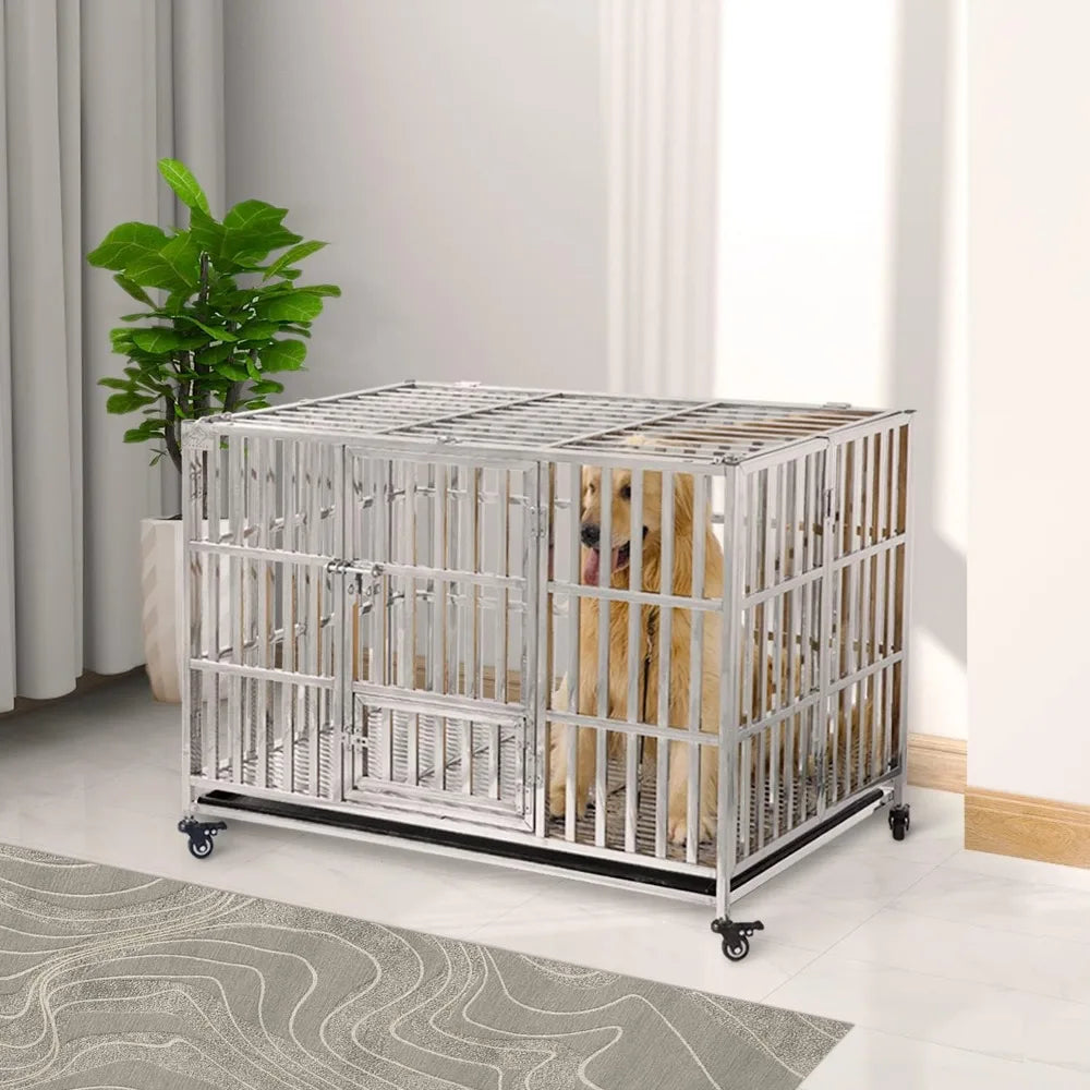 48" Stackable Heavy Duty Dog Crate Pet Stainless Steel Kennel Cage