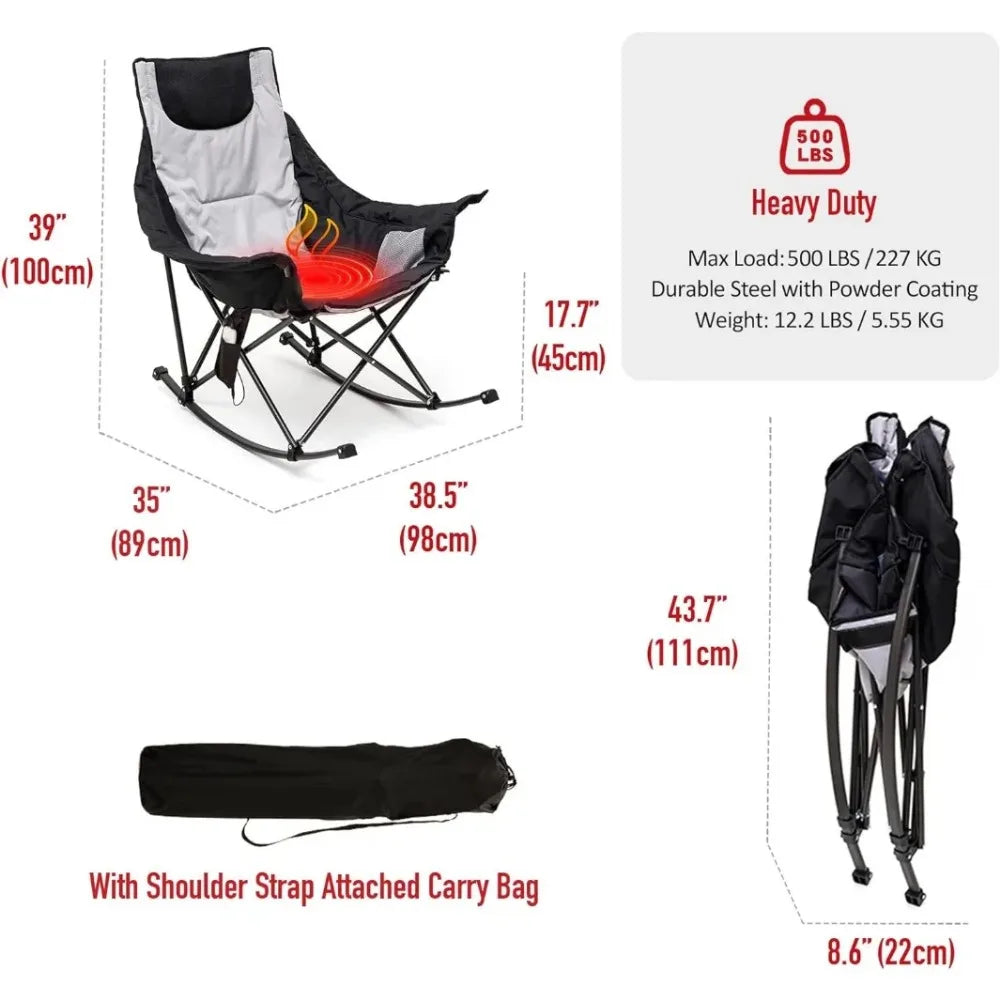 Oversized Heated Camping Chair, Folding Rocking Camping Chairs with Luxury Padded Recliner,Carry Bag