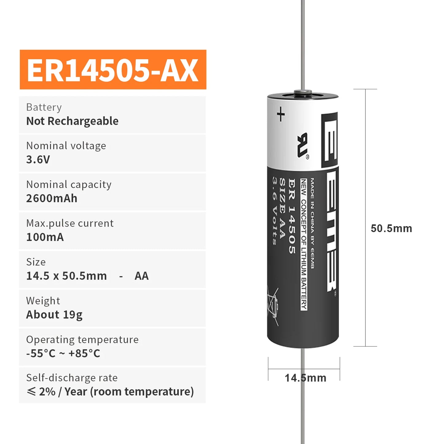 EEMB ER14505-AX 3.6V Battery AA Lithium Batteries with AX Pin 2600mAh Battery Cell for Gas/Water Meter Alarm Window Sensor