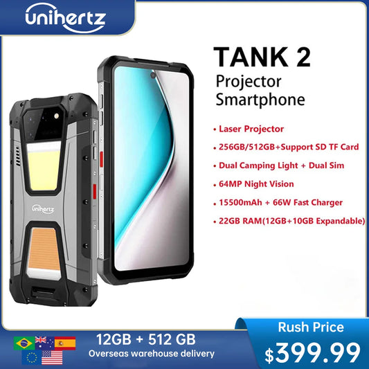 Unihertz 8849 tank 2 waterproof projector smartphone 24GB 512GB Rugged Cellphone 64MP Super night vision 15500mAh phone