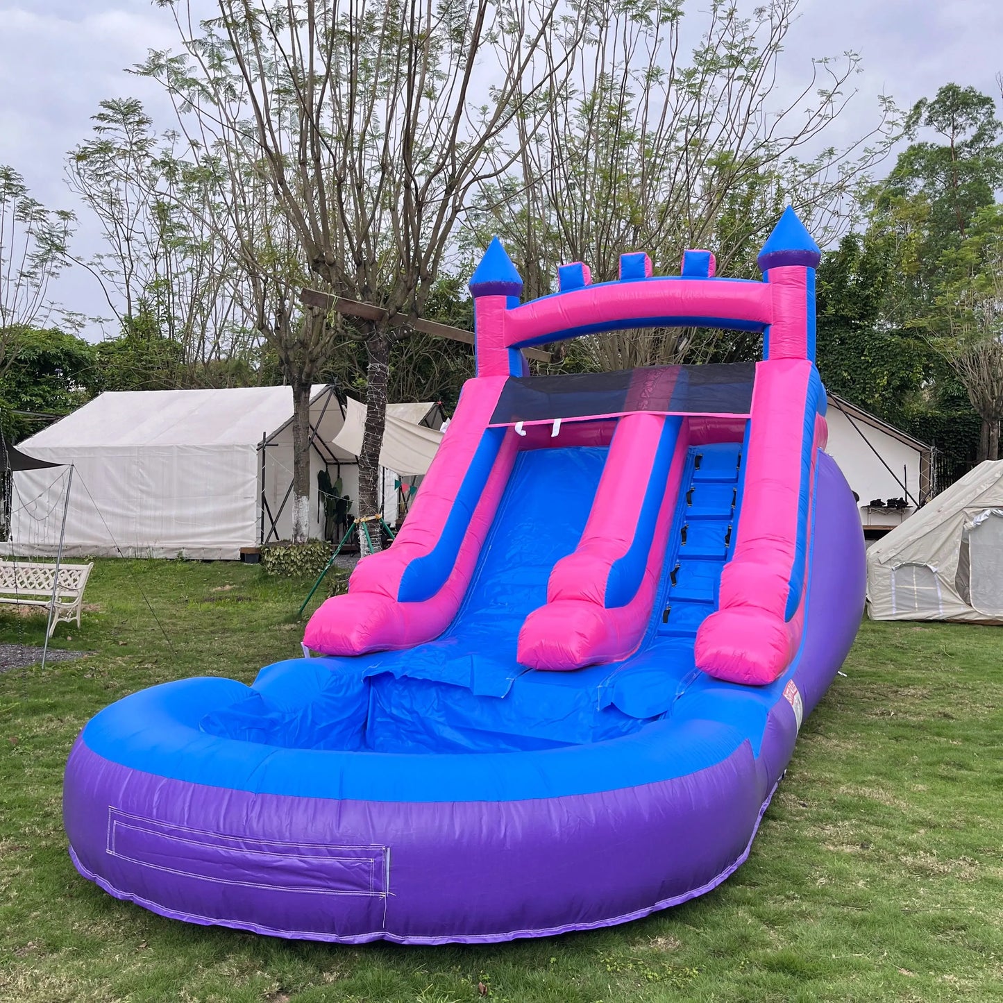 21ft Commercial Grade Navy and Purple Inflatable Water Slide with Splash Pool