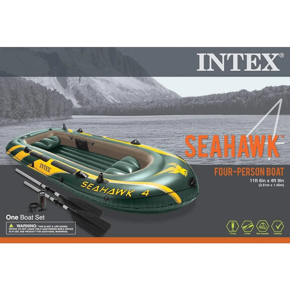 Seahawk Inflatable Boat Series: Includes Deluxe Aluminum Oars and High-Output Pump – SuperStrong PVC – Fishing Rod Holders