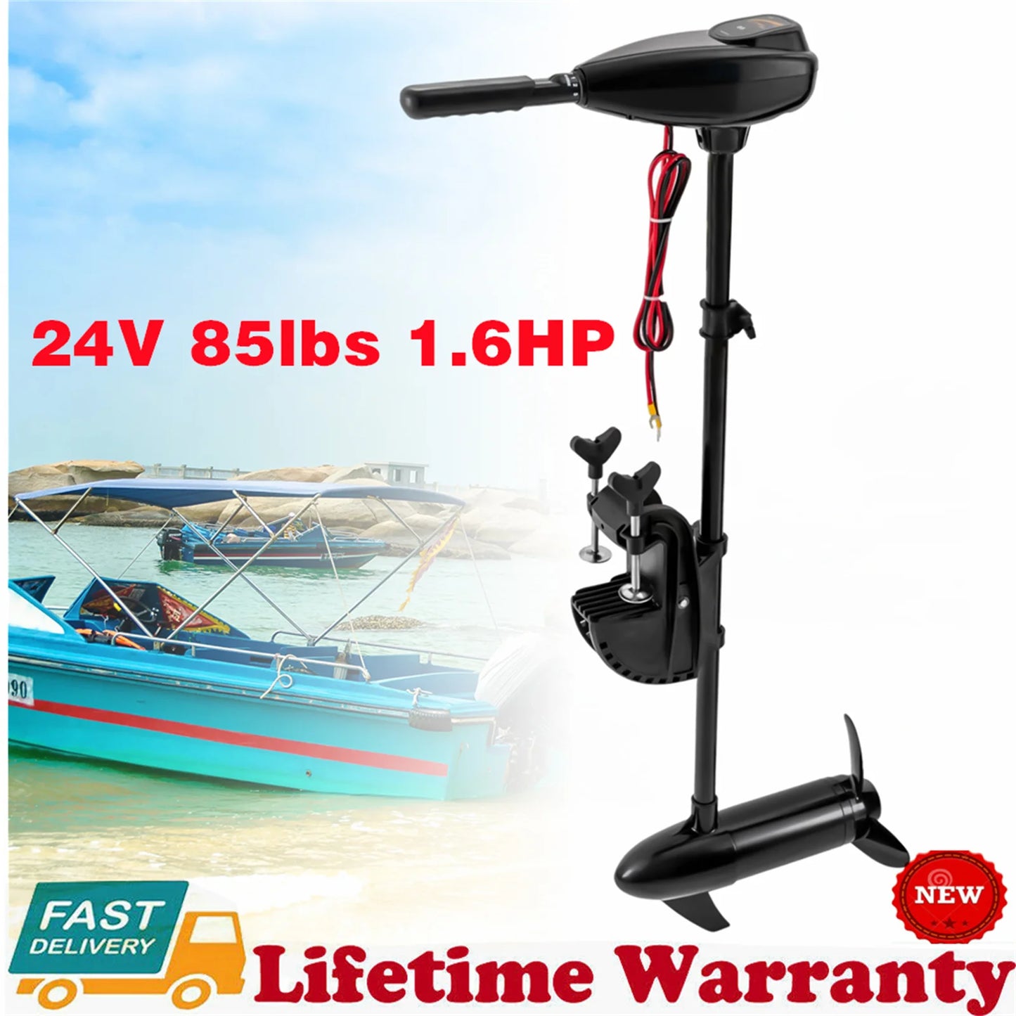 24V 85lbs 1.6HP 1152W Electric Outboard Brush Engine Heavy Duty Electric Trolling Motor