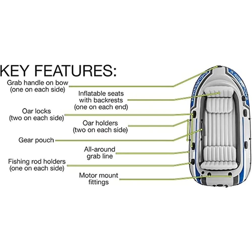 Excursion Inflatable Boat Includes Deluxe 54in Boat Oars and High-Output Pump Adjustable Seats with Backrest Fishing Rod Holders