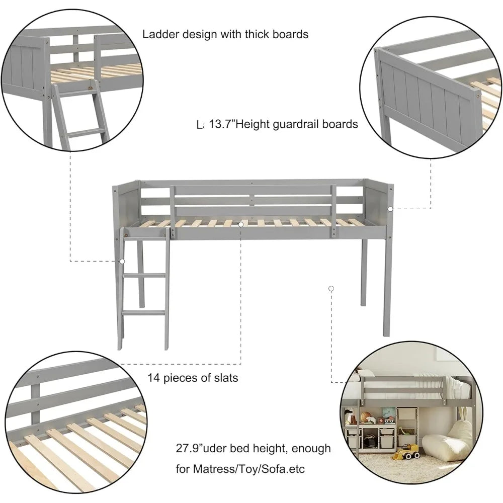 Wood Low Loft Bed with Ladder,Wooden Low Loft Bed with Guardrail for Kids or Teens,Space Saving,No Box Spring Needed