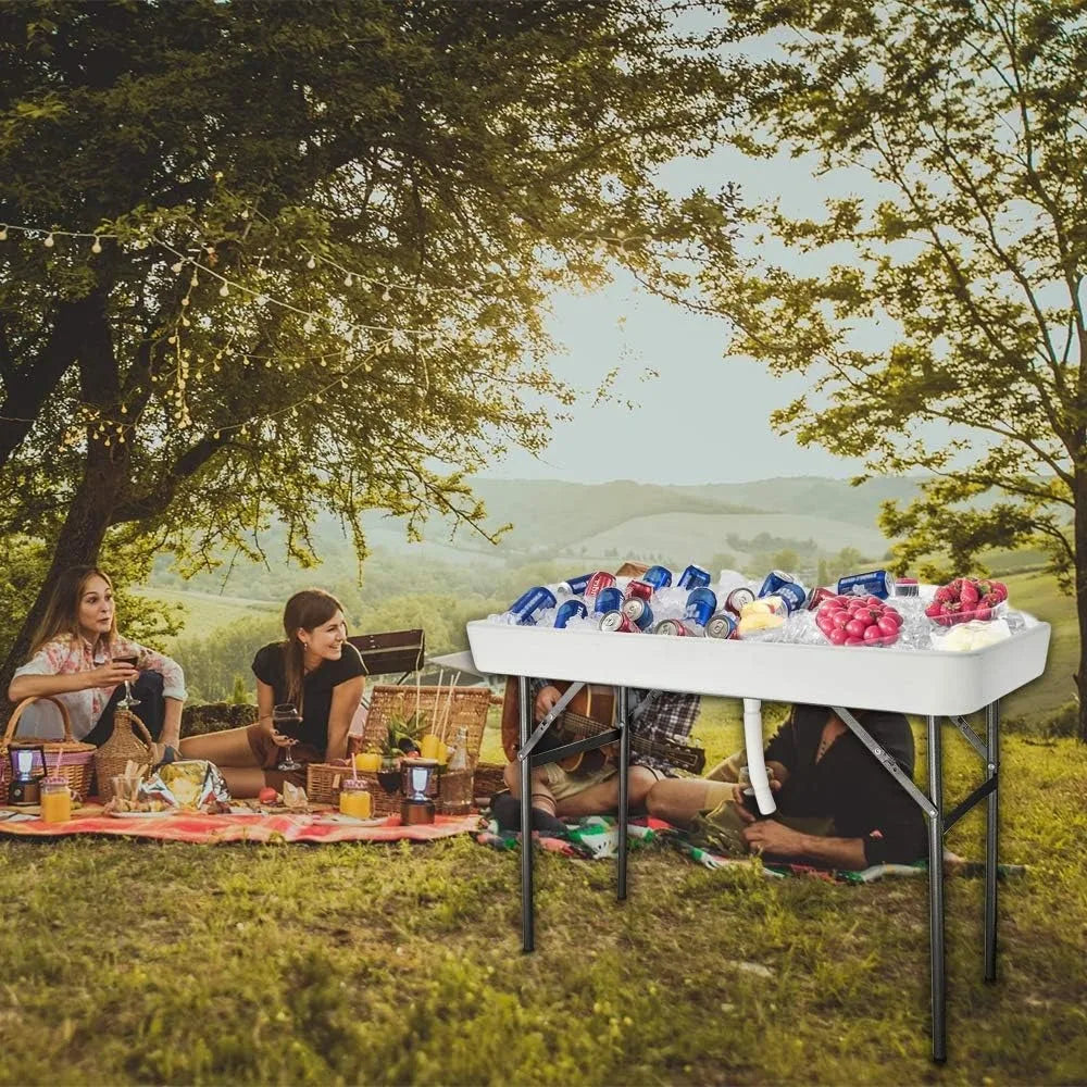 4 Foot Party Ice Cooler Folding Table, Portable Tailgate Camp Fishing Cleaning Table, Plastic with Matching Skirt