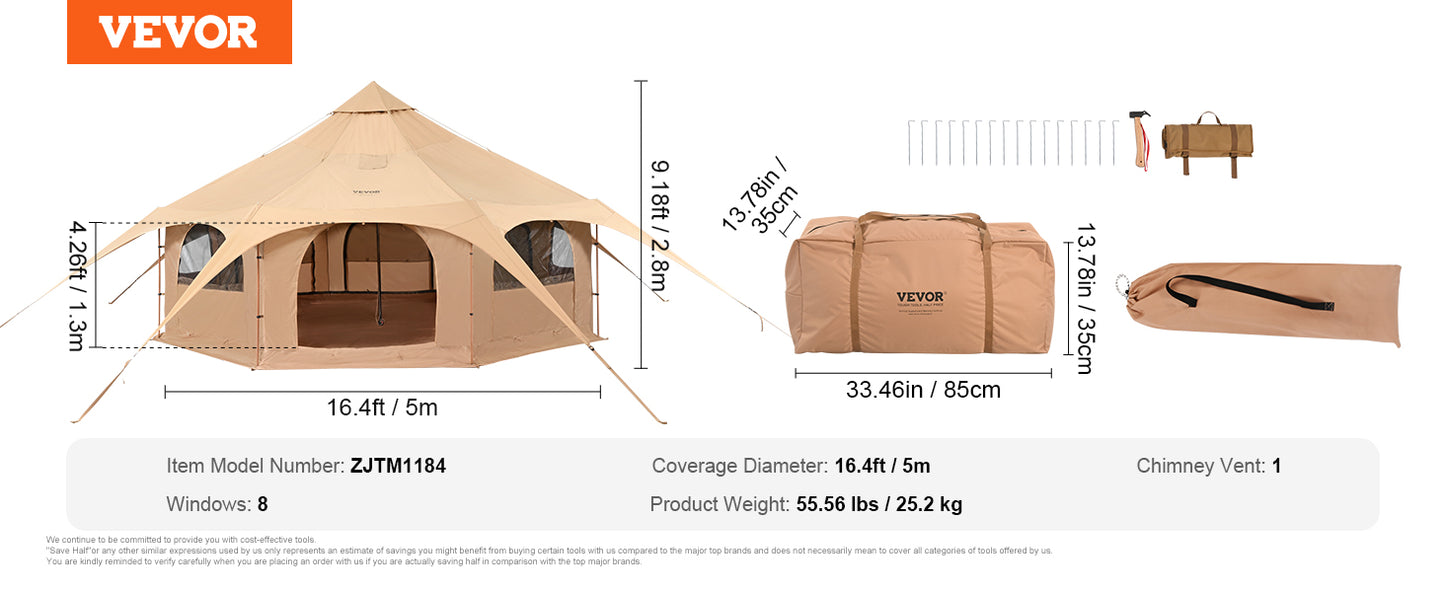 VEVOR Canvas Tent 5 m/16.4 ft Bell Tent for Camping w/Stove Jack Breathable Yurt Tent for 8 People Camping Outdoor Hunting Party